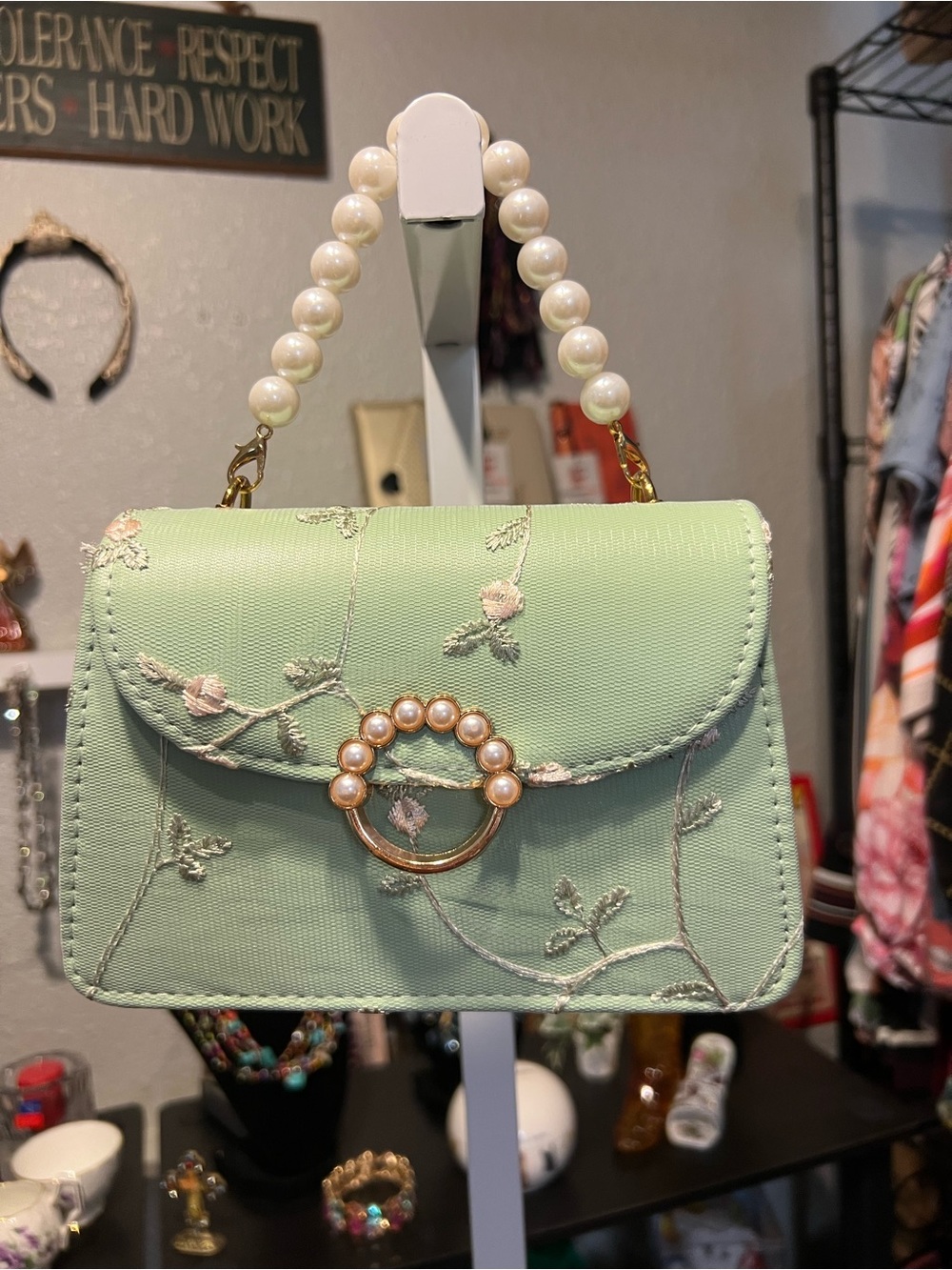 Pearl-Accent Mint Green Embroidered Top-Handle Mini Bag